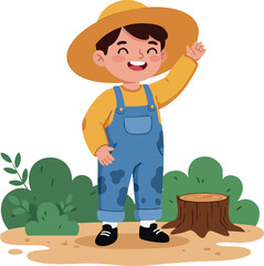 Happy child standing near tree stump in garden wearing hat and overalls vector illustration 