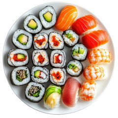 Delicious sushi assortment on a white plate a variety of maki and nigiri