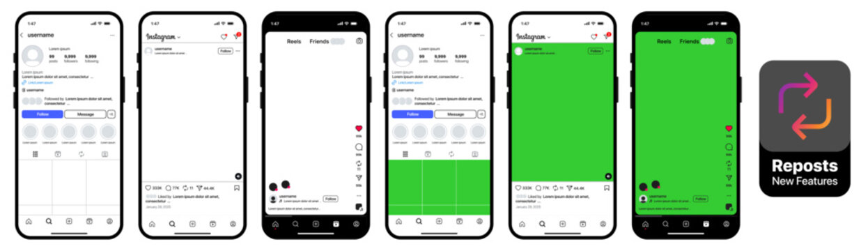 instagram new grid size template update. instagram reels, instagram post, instagram stiry, instagram reposts. Instagram mockup with iPhone 16 Pro max. social media social network app UI.