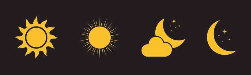 Sun and Moon icon, vector. Moon and stars silhouette. Sun and moon flat icon. Shining Sun and crescent Moon. Vector Illustration.
