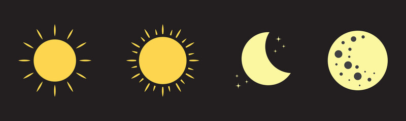 Day and night icons, sun and moon symbols, contrast mode, light and dark theme, weather icons, flat vector design, minimal UI