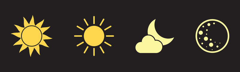 Day and night icons, sun and moon symbols, contrast mode, light and dark theme, weather icons, flat vector design, minimal UI