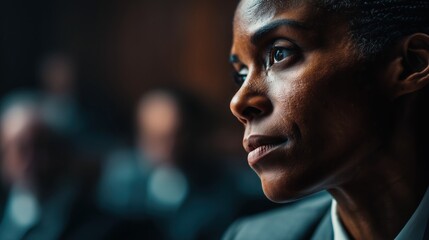 Focused woman listens attentively during a pivotal courtroom session with intense human emotions on display