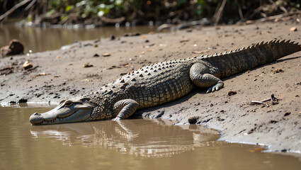 Naklejka premium Large crocodile sunbathing on a muddy riverbank, highlighting its rugged texture and natural river habitat.