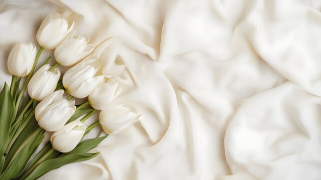 White Tulips on Soft Cream Fabric Background with Elegant Minimal Styling perfect for spring greeting cards, floral branding, wedding design projects and lifestyle blog content
