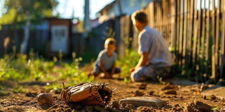 Leather baseball glove lying on ground with father and son playing catch in background - Powered by Adobe