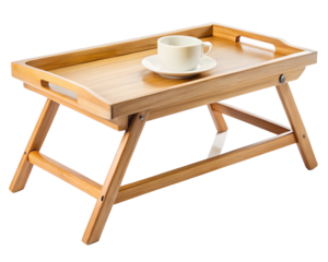 Wooden breakfast tray with a cup of coffee on a saucer, isolated on transparent background