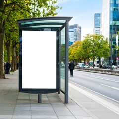 Urban bus stop with blank advertising space offering potential for creative marketing strategy