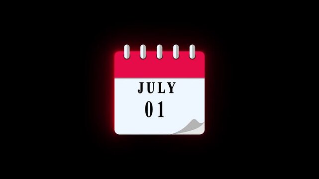 July date calendar icon animation, calendar icon video, calendar moving neon black background animation.