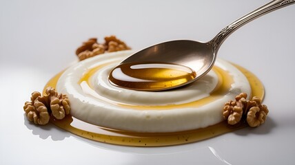 A close-up shot of dessert with honey and walnut.