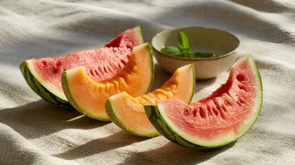 Fresh melon slices and a bowl of mint leaves sit on a textured fabric surface.