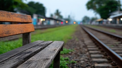 A wooden bench sits on a grassy field next to train tracks