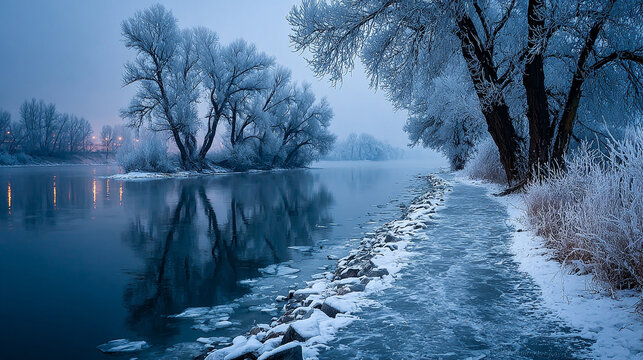A serene winter landscape featuring a narrow shoreline path bordered by icy frozen water and snow-covered ground. The crisp, cold environment highlights the stillness of winter with glistening ice for