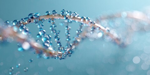 DNA double helix with water droplets, light blue background