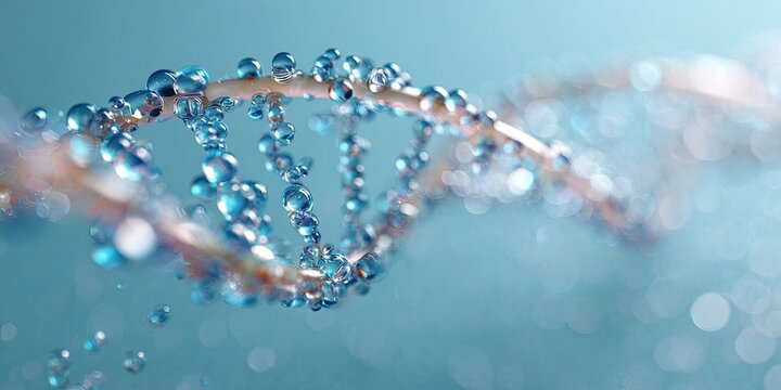 DNA double helix with water droplets, light blue background