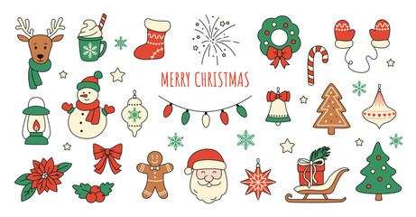 Merry Christmas. Winter festive symbols. Santa, Sleigh, Snowman, Gift, Bell, Christmas tree, Holly, Poinsettia, Fireworks, Lantern, Santa Claus, Bow, Gingerbread man, Christmas tree toys, Snowflskes,  © Olena