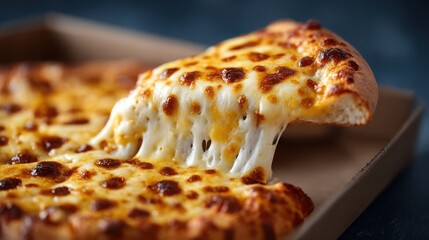 A slice of pizza with melted cheese is pulled out of a cardboard box