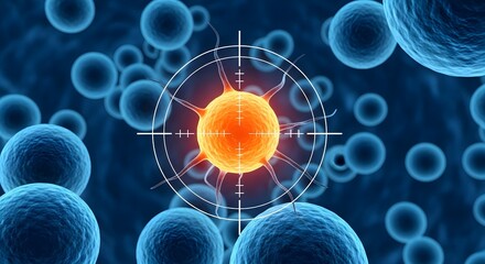 A microscopic view of a targeted cancer cell surrounded by other cells, highlighted.