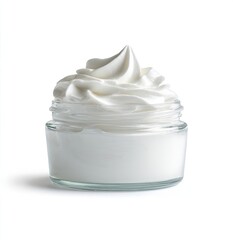 Creamy white cosmetic product in a clear glass jar.  A generous amount of whipped, light-textured cream is visible, swirled and piled high atop the jar's contents