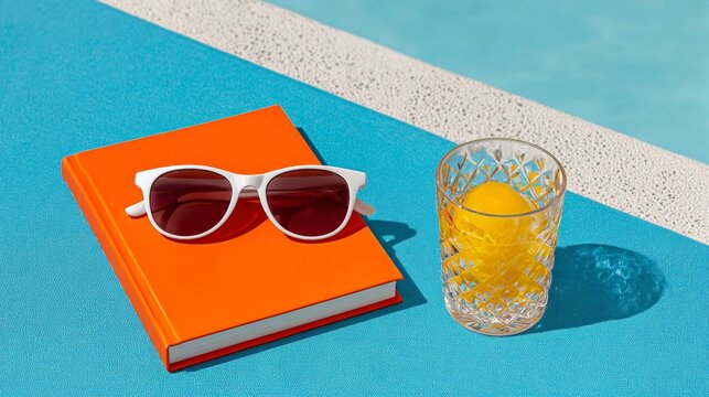 Book and a glass of orange juice sit on a blue surface. The book is open to a page with a picture of sunglasses on it. Concept of relaxation and leisure, as the book - Powered by Adobe