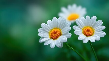Fototapeta premium Two white flowers with yellow centers are in a green background