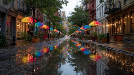 Naklejka premium Colorful streetscape, reflecting umbrellas in puddles, lined with buildings