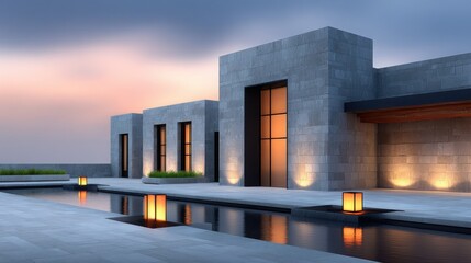 A large stone building with a pool in front of it