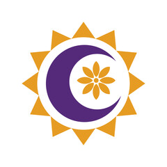 Colorful crescent moon and sun icon with central floral motif, symbolizing harmony, balance, and nature in a modern vector design.