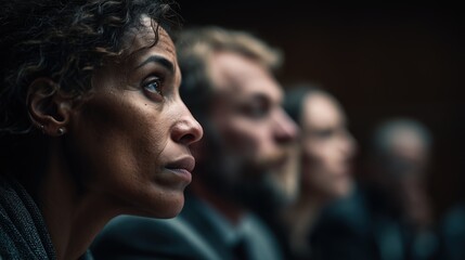 Engaging discussion unfolds among diverse individuals in a serious meeting at a dimly lit venue