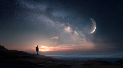 A man stands watching with wonder and amazement as the moon and milky way galaxy fill the night sky. Night time landscape. Photo composite.