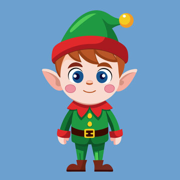 Cute cartoon christmas elf boy with pointed ears wearing a green outfit and hat with a red trim