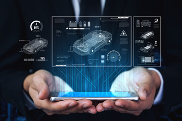 Technical layout of electric vehicle showing battery system, power control, traction motor, charging interface, and integration with renewable and smart energy sources Vouch