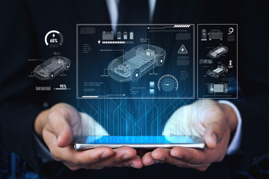 Technical layout of electric vehicle showing battery system, power control, traction motor, charging interface, and integration with renewable and smart energy sources Vouch - Powered by Adobe