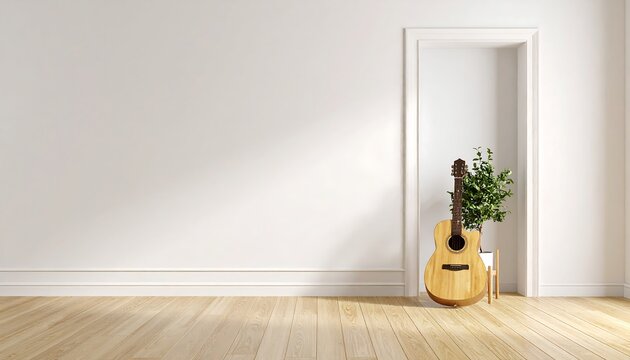 Light-filled room with a guitar and small plant.