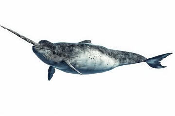 Narwhal Swimming with Tusk Isolated on White