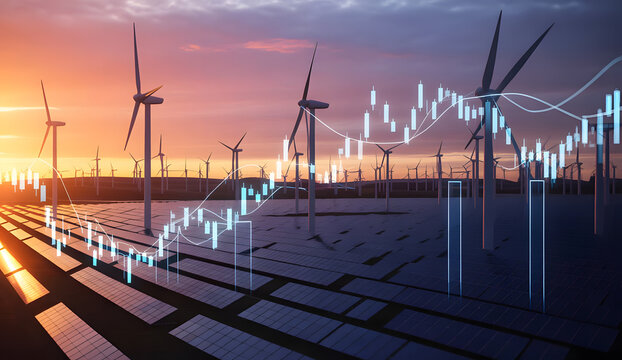 Power of Nature: Harnessing the energy of sun and wind, a breathtaking landscape showcases windmills, solar panels and rising stocks. representing sustainability and financial growth.