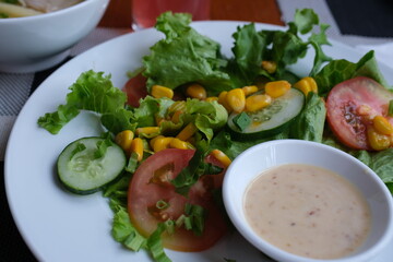 Fresh colorful spring vegetable salad with cherry tomatoes and sweet peppers in the blue bowl. Cook hand pouring olive oil with herbs dressing. Healthy organic vegan lunch or snack.