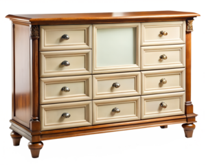 Ornate wooden dresser with multiple drawers and a central glass panel isolated on transparent background