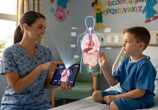 Nurse uses interactive tablet to educate young patient about human respiratory system in hospital room