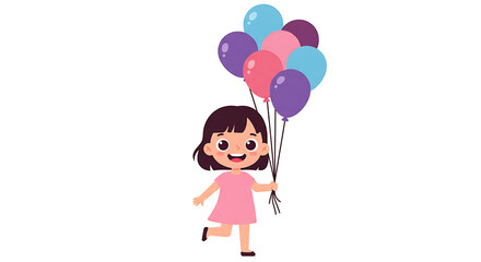 Joyful cartoon girl in a pink dress holding a bunch of colorful balloons, celebrating happiness and playful moments