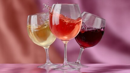 Three wine glasses with different colored wine in them. The glasses are on a table with a pink background