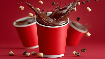 Red cup with chocolate and coffee powder is surrounded by a pile of nuts. Concept of indulgence and comfort, as the combination of chocolate, coffee, and nuts is often associated with relaxation
