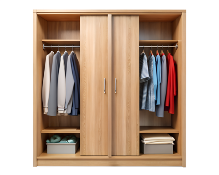 Modern wooden wardrobe with sliding doors, filled with various clothes on hangers and storage boxes on shelves, isolated on transparent background