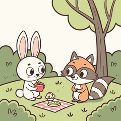 Vector art of rabbit and raccoon having a picnic in the park isolated on white background