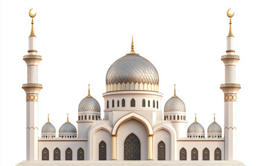 Fototapeta premium Artistic depiction of a grand mosque dome adorned with a golden crescent and tall elegant minarets isolated on white background PNG