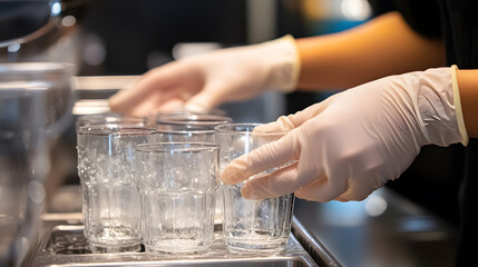 Sterile glassware gloves hand washing cleaning water kitchen hygiene safety transparent glass careful preparation