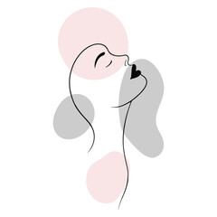 Minimal line art woman portrait with abstract shapes and bold black lips