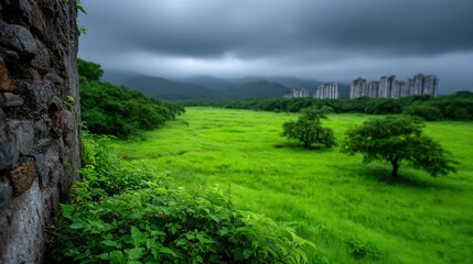 A lush green field with a city in the background
