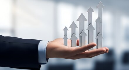 Hand holding silver upward pointing arrows symbolizing business growth image Jpg clipping path, social media, Advertisement, HD photo, close up, high quality.