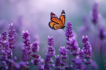 Morning panoramic view of butterfly flying over lavender flowers in a tranquil garden setting